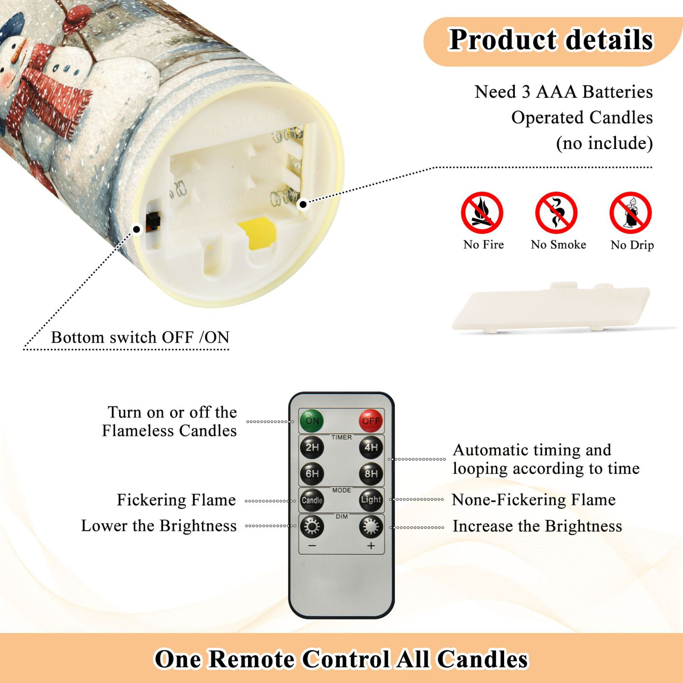 Wobogo American Flag Snowman Flameless Candles with Remote Battery Operated Flickering LED Candles with Timer 2/4/6/8H Medium Size