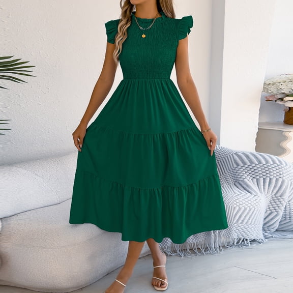 Xdegoge Elegant Vintage Dress for Women Midi Tiered Mock Neck Short Flutter Sleeve Summer Sundress Smocked Bodice Solid Color Flowy Flattering Wedding Guest Formal Party Modest Wear