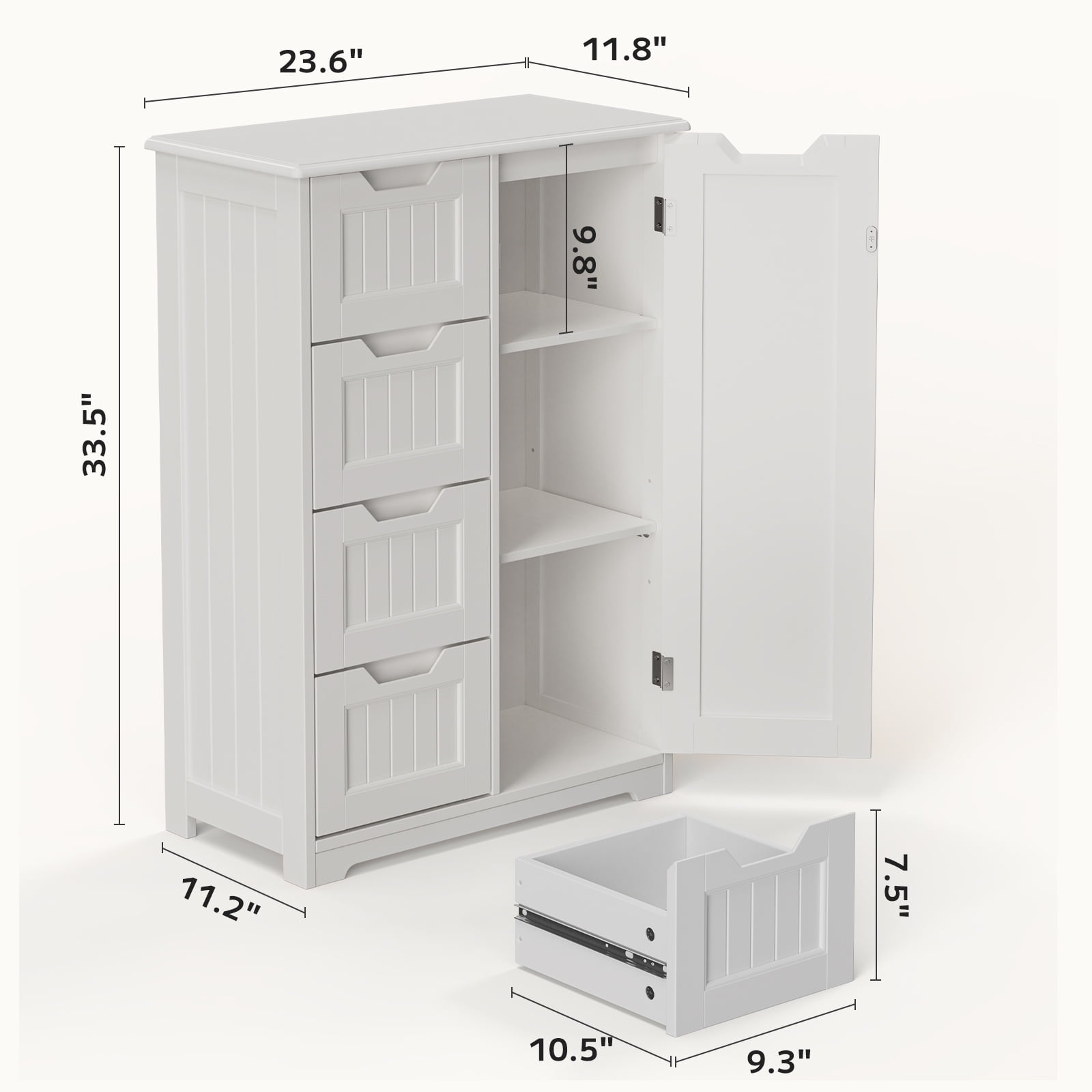 Bathroom Floor Cabinet Wooden Storage Organizer with 4-Drawer & 1 Door, Free-Standing Cupboard for Bathroom Kitchen, White