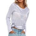 thumbnail image 2 of Womens T Shirts Loose Fit Metallic Luster Long Sleeve Casual Loose Fit Shiny Pullover T Shirt Blouse Fashion Trendy Clothes, 2 of 4