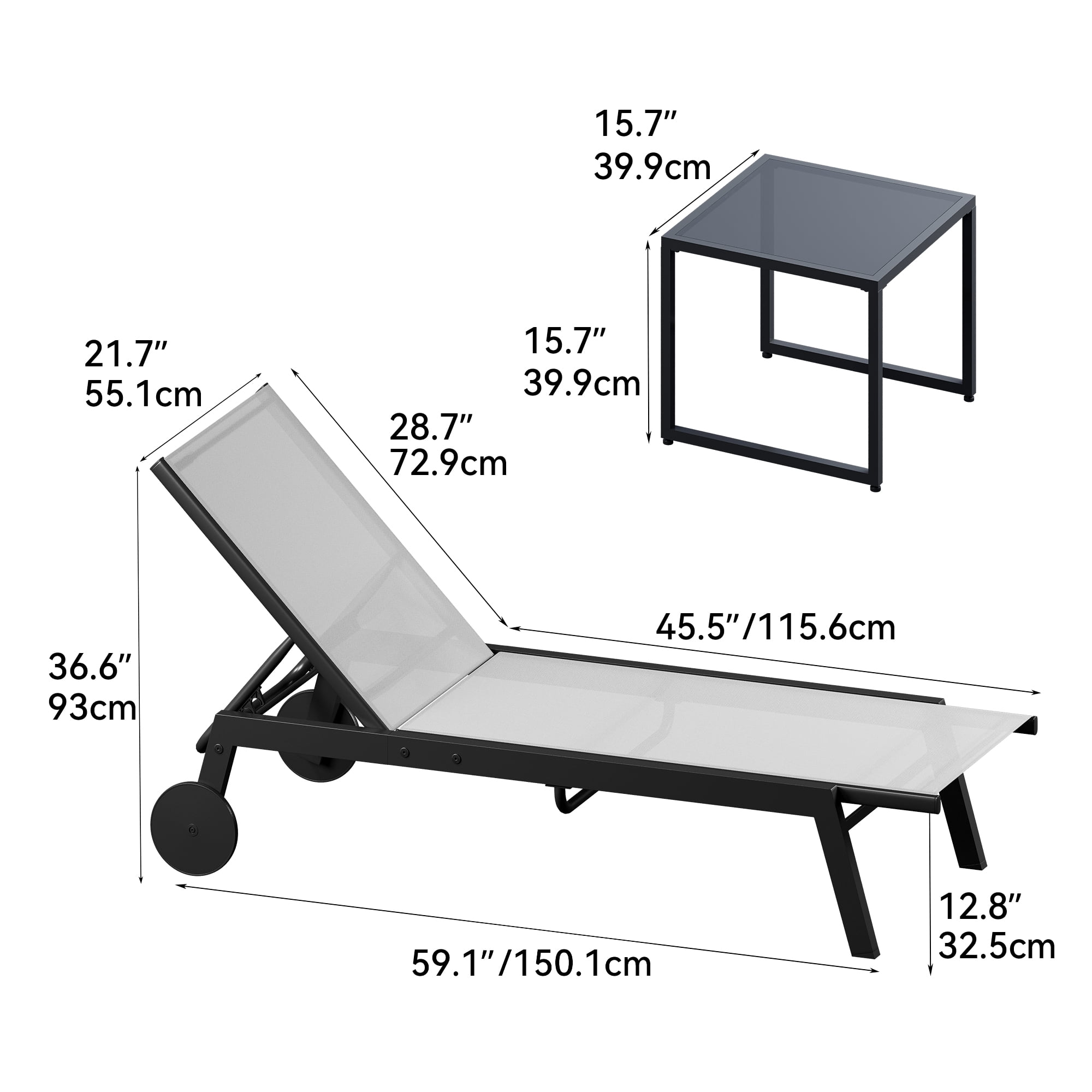 Dextrus 2 Pcs Outdoor Lounge Chairs with Side Table, Reclining Sun Loungers Featuring Aluminum Frame/Textilene Fabric/Wheels