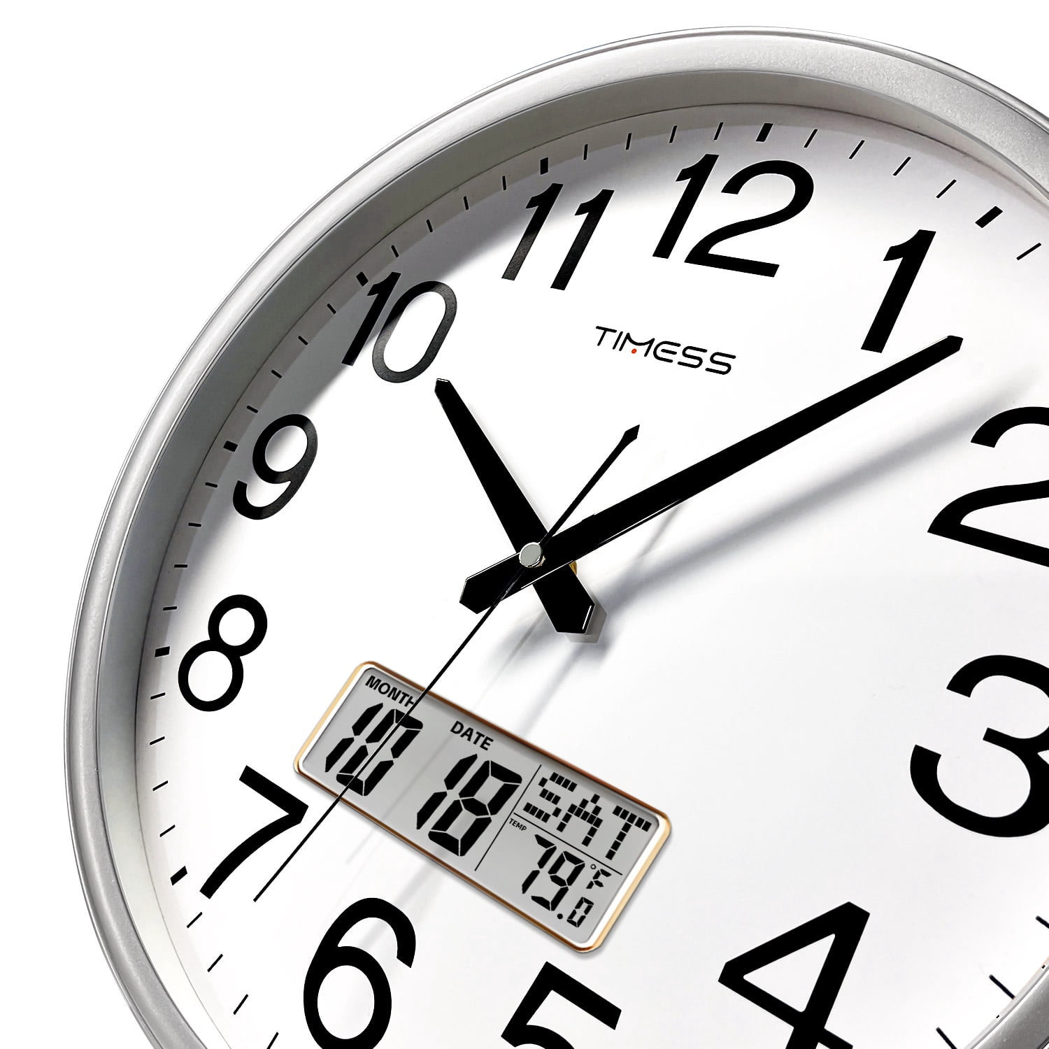 TIMESS 13" Digital Wall Clock with Silver Frame, Date, Weekday & Temperature Display, Quiet Movement