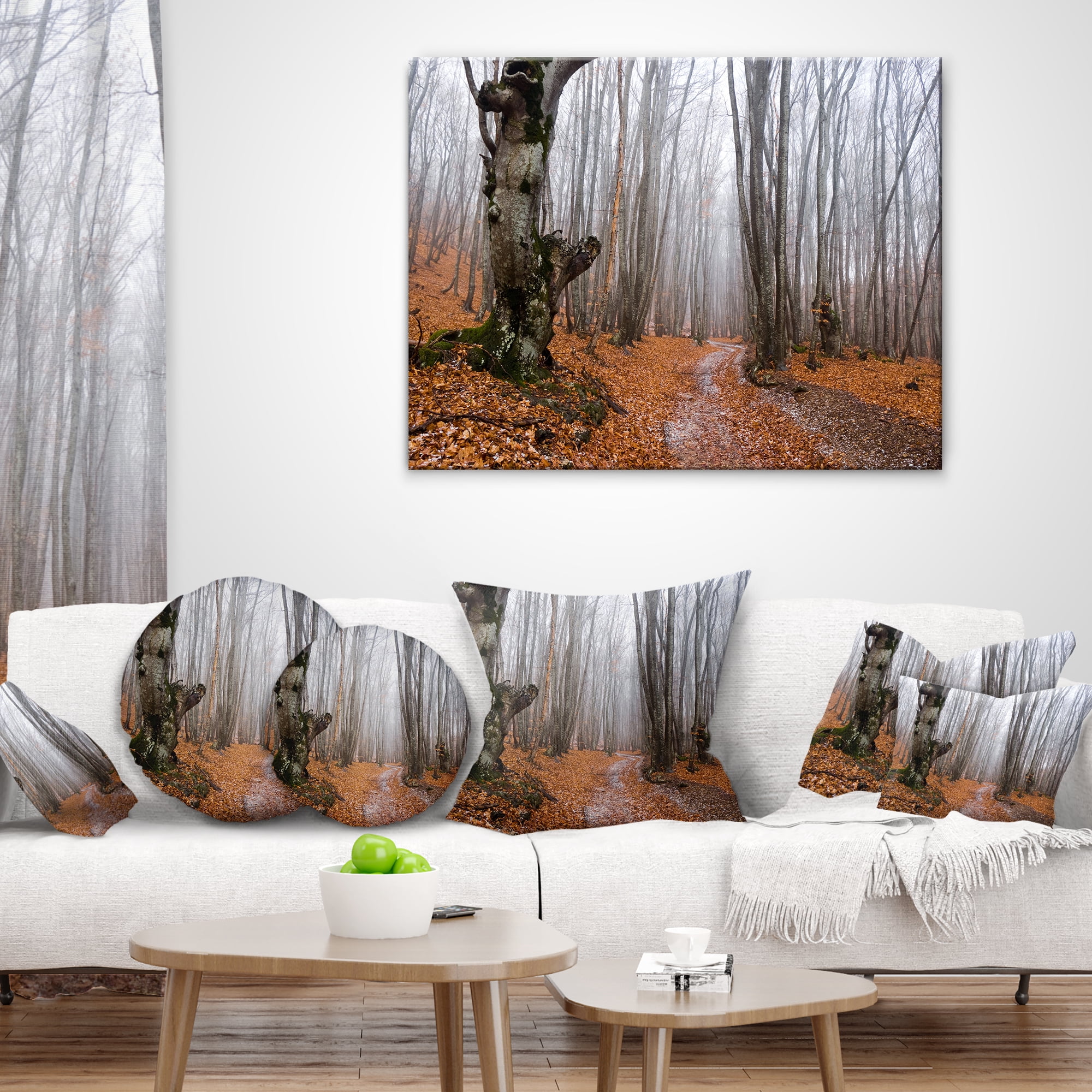 Designart Road Covered by Fallen Leaves - Modern Forest Throw Pillow - 12x20