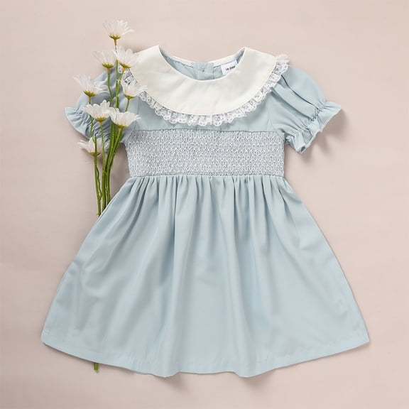 ZEHJUHAN Toddler Girls Cute Puff Short Sleeves Lace Crew Neck Princess Party Dress Outfit for Summer Blue,18-24M