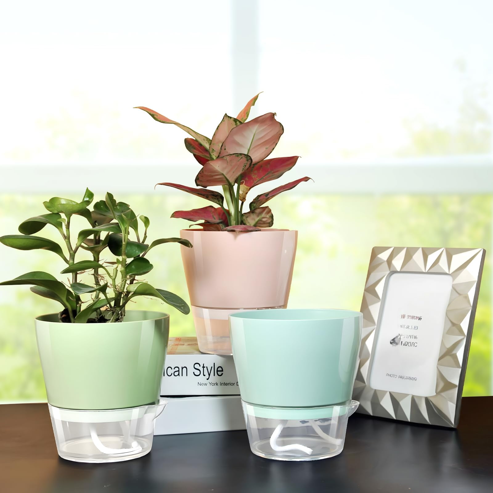 Samhe 6-Pack Self Watering Planters, 6 inch Plastic Self Watering Flower Pots with Drainage Holes and Saucers for Indoor Outdoor Plants