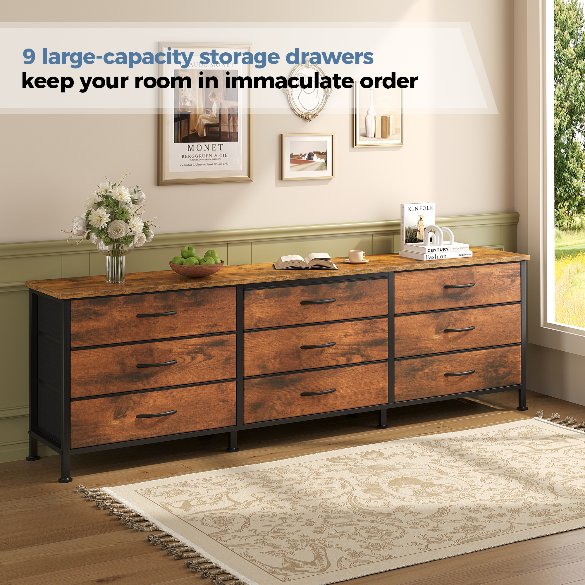 JIOABL 66 inch Wide TV Stand Dresser, 9-Drawer Storage Cabinet for 75 inch TV, Entertainment Center with Wood Top for Living Room, Rust