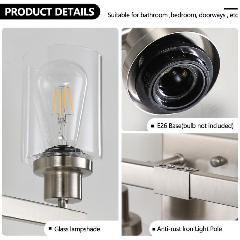 24" Modern 4-Light Bathroom Vanity Light Fixture - Brushed Nickel Finish with Clear Glass Shades, Perfect for Bathroom, Vanity, and Dressing Area Lighting (No Bulbs)