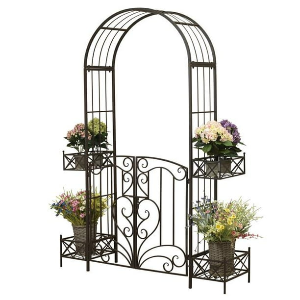 Gerson 87 Inch Tall Metal Garden Arbor Gate With Movable Planters Com Gerson 87 Inch Tall Metal Garden Arbor, Garden Arbor Gate Metal