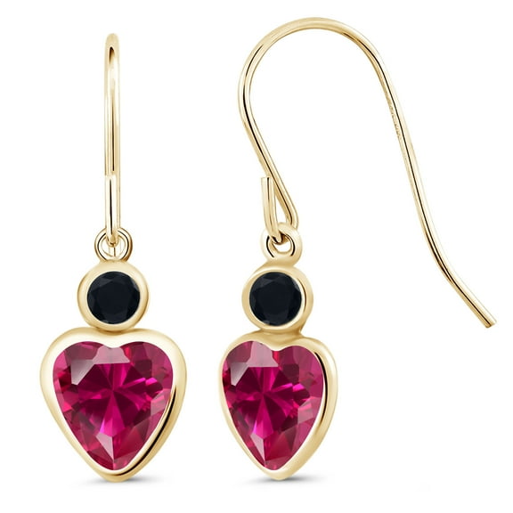 Gem Stone King 14K Yellow Gold Red Created Ruby and Black Onyx French Wire Dangle Hook Earrings for Women (2.12 Cttw, Gemstone July Birthstone, Heart 6MM, Round 3MM)
