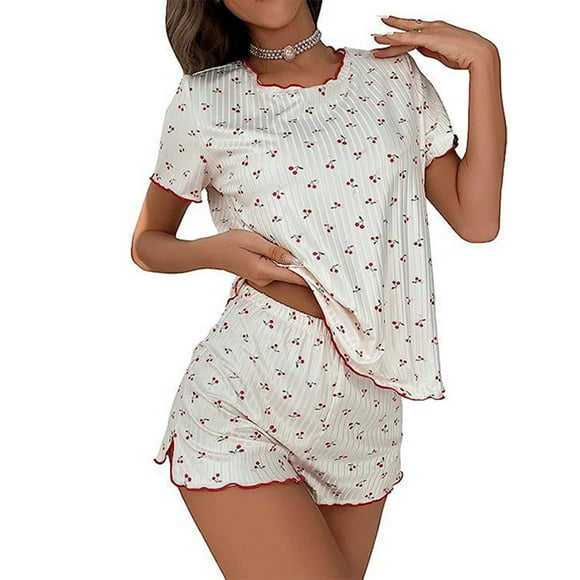 Alitao Womens Pajama Sets Lounge Sets Womens Cute Cherry Pajama Set Causal Lettuce Trim Split Hem Loungewear Matching Pajamas Women'S Sleepwear White L