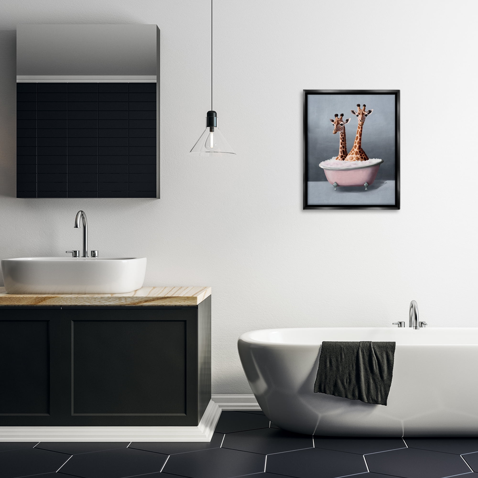 Stupell Industries Giraffe Pair in Tub Bath & Laundry Painting Black Floater Framed Canvas Art Print Wall Art, 17 x 21