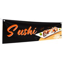 Sushi Large Banners and Signs for Outdoor by DreamController-Polyester Banner with 4 Holes for Easy Hang Indoor & Outdoor| 6x2 Feet HD Banner to Promote Food & Beverages | Made in USA