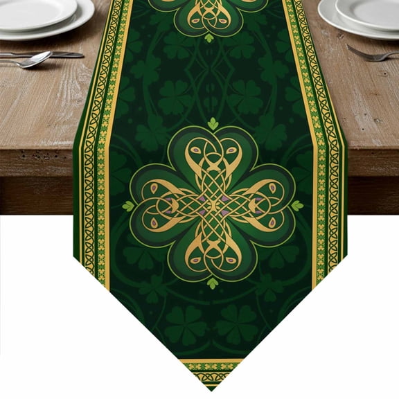 Saint Patrick's Day Table Runner Linen Burlap Table Runner 72 Inches Long Boho Green Golden Leaves Ethnic Motifs Dresser Scarves for Kitchen Island Coffee Dining Party Wedding Holiday Decor 14"x72"