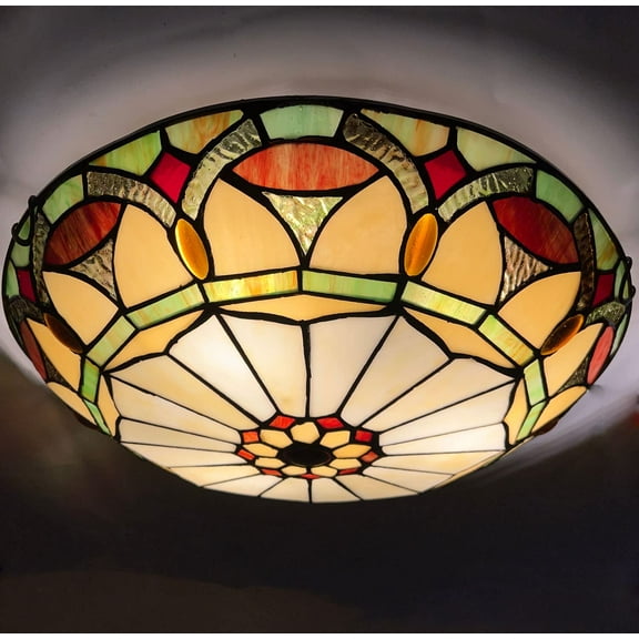 Vinplus Tiffany 3 Light Flush Mount Ceiling Light 16" White Finish with Tiffany Glass