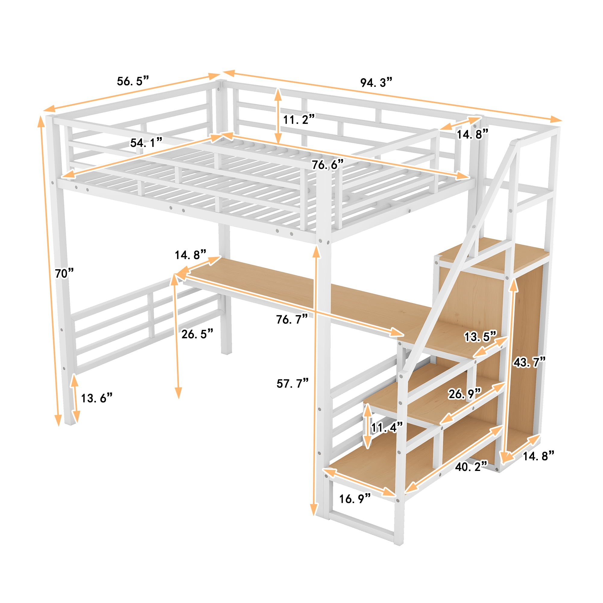 Aukfa Full Size Metal Loft Bed with Desk and Wardrobe, Staircase Loft Bed for Kids Teens - White