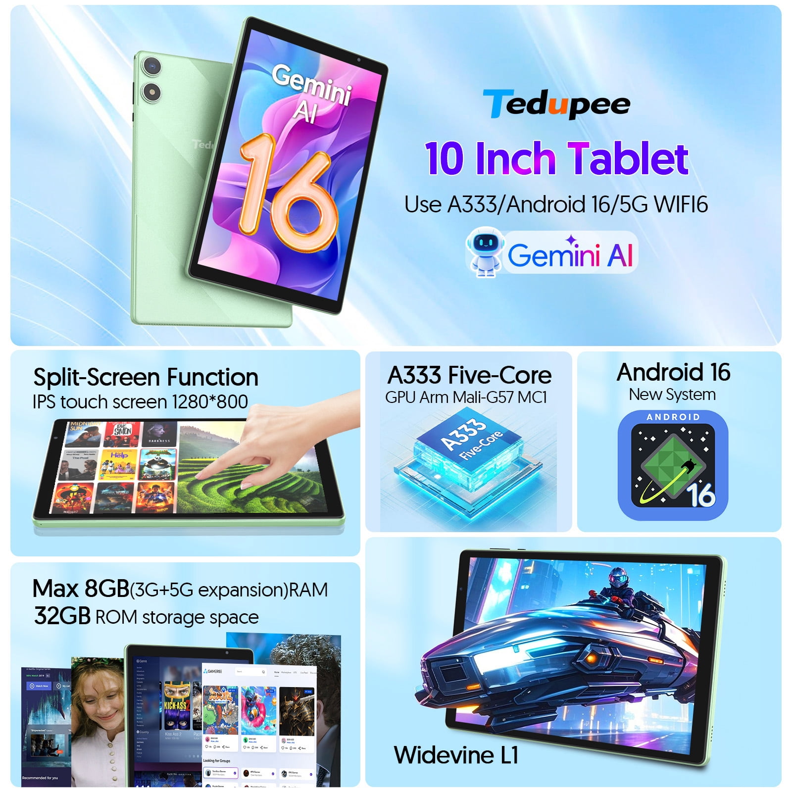 Android 16 Tablet, 10.1 inch, Five-core CPU, RAM 3GB, ROM 32GB (Up to 1TB), 800x1280 IPS, 5G WiFi 6, 2MP+2MP, 6000mAh-Green