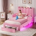 thumbnail image 3 of Twin Size Bed with Storage Drawer and Charging Station, Velvet Upholstered Platform Bed Frame with LED Lights,Chic Wavy Storage Headboard and Safety Removable Guardrails ,Pink, 3 of 9
