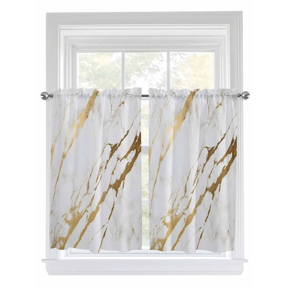 Kitchen Curtains 45 Inches length, White Gold Modern Window Treatment Curtain Drapes, Abstract Vintage Marble Geometric Lightweight Window Panels for Living Room Bedroom, 52"x45", 2 Panels