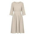 thumbnail image 4 of qucoqpe Women's Long Sleeve Cotton Linen Dresses Summer Fashion Crew Neck Pleated Casual Midi Dress, 4 of 9