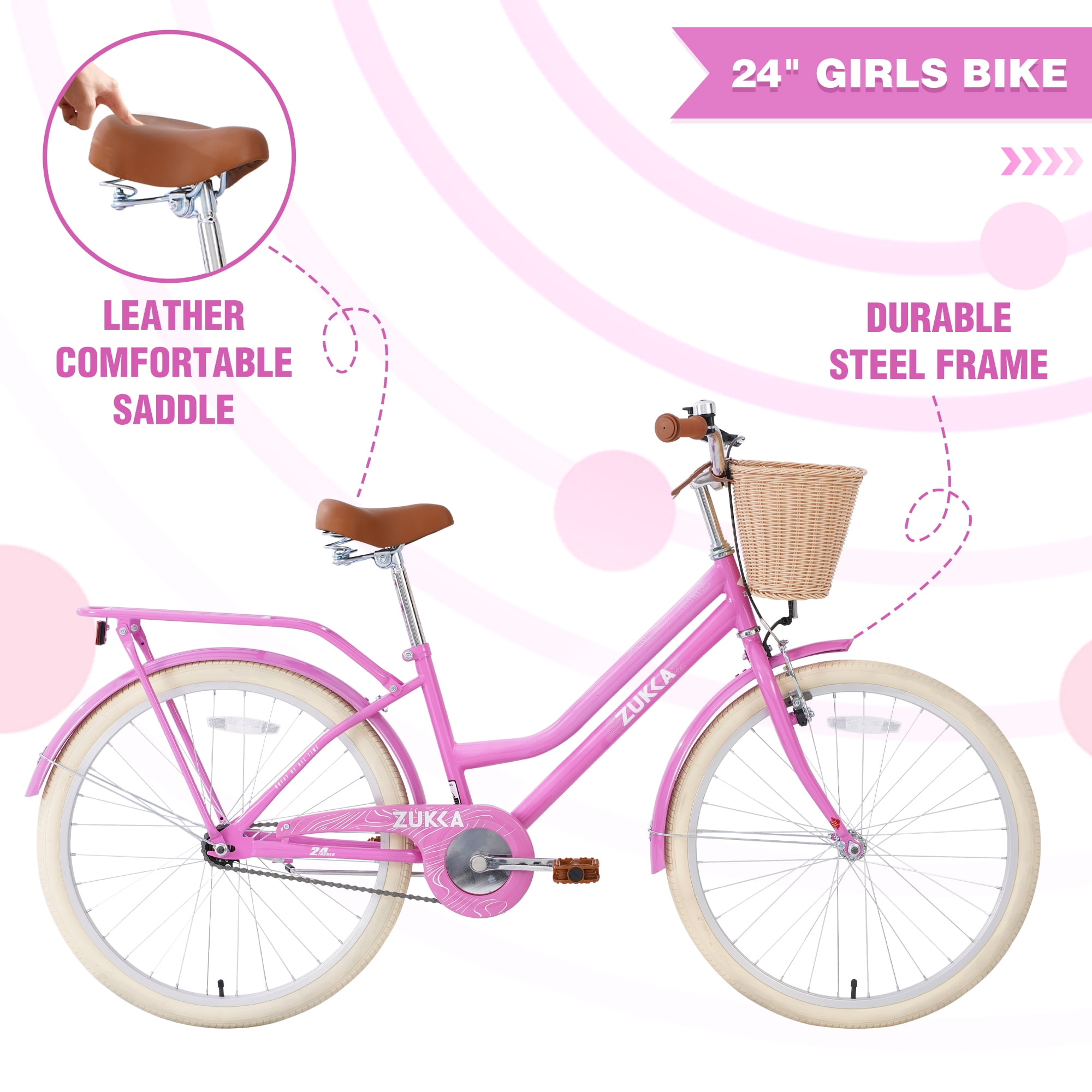 Aukfa 24 inch Cruiser Bike with Basket, Cruiser Bike Children's Bicycle for 10+ Years Old Kids, Pink