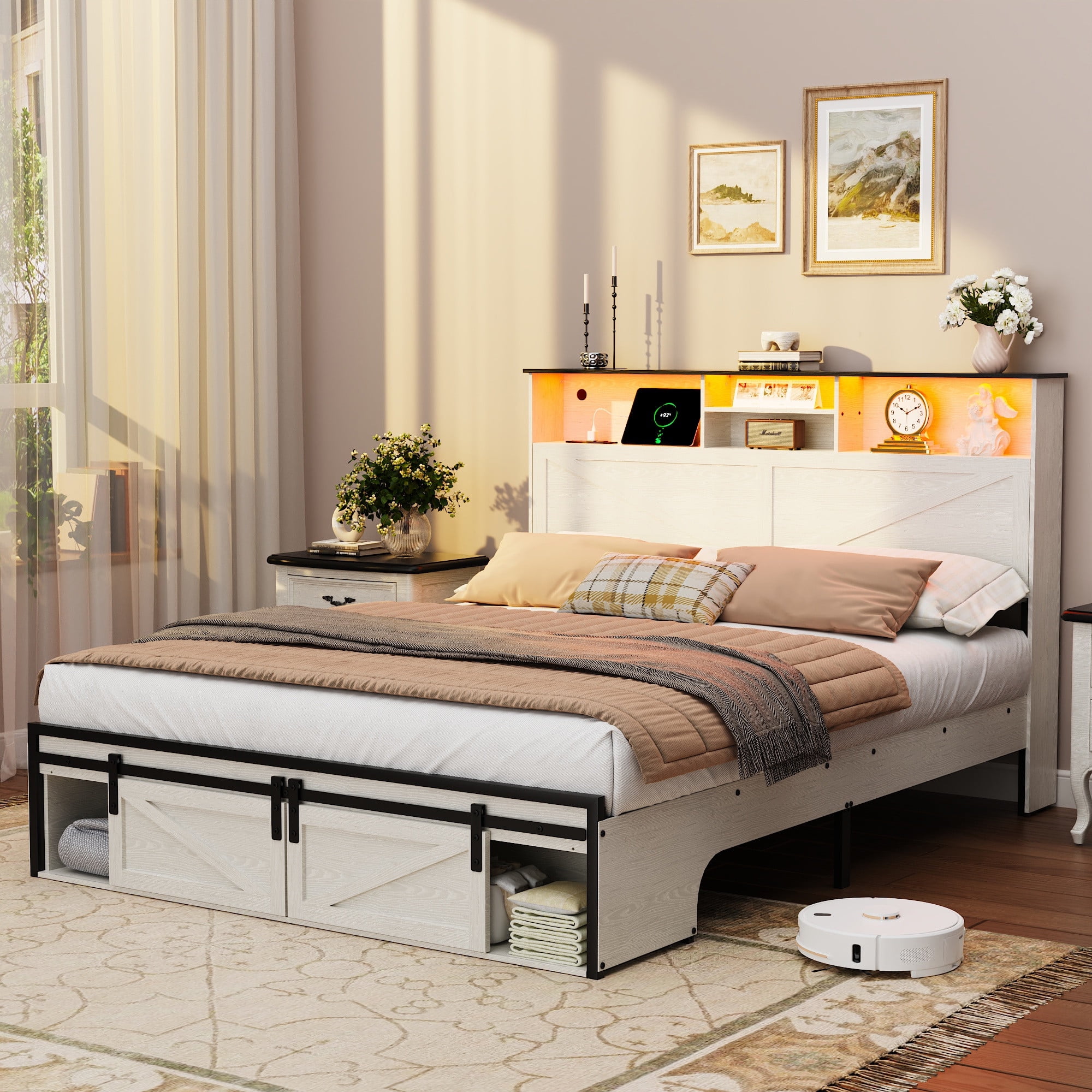 Queen Size Bed Frame, Holaki Farmhouse Queen Bed Frame with Storage Headboard, Charging Station & LED Lights, 2 Storage Drawers, No Box Spring Needed, Noise Free, Easy Assembly, White