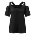 thumbnail image 1 of Blusa informal de manga corta con cuello en V y encaje sexy para mujer: corte holgado, material de poliéster, adecuada para primavera/otoño/verano, 1 of 6