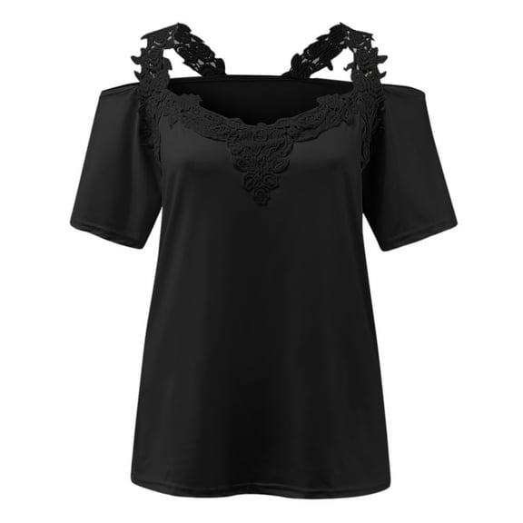 DuoJiaJ Womens Sexy Lace Solid Short Sleeve Casual T Shirt Blouse Tops Women’s Plus Size Long Sleeve T-Shirts Black