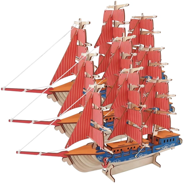 Maqueta Armable Barco de Europa EuroSail 3Pzas 77 Partes 42.9x26.7x13.5cm Madera Rojo/Café/Azul.