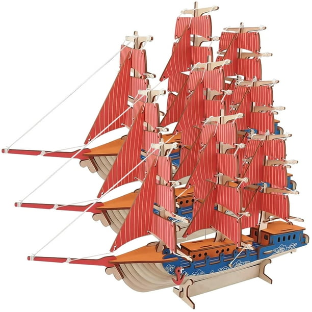 Maqueta Armable Barco de Europa EuroSail 3Pzas 77 Partes 42.9x26.7x13.5cm Madera Rojo/Café/Azul.