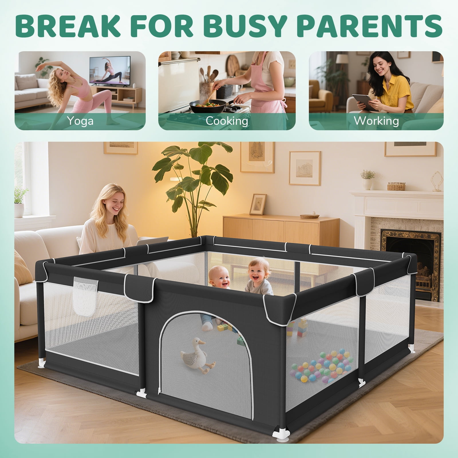 Baby Playpen for Babies and Toddlers, 64"x 64" Large & Sturdy Playard with 2 Handles, Safe Activity Center with Non-Slip Suckers, Black
