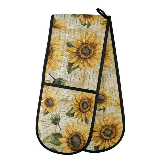 35" x7" Double Oven Mitt Heat Resistant Oven Gloves Withstands Up to 200°C for Kitchen Baking & BBQ Vintage Sunflowers