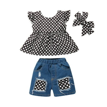 

Baby Girls Summer Short Outfits Ruffle Floral Short Sleeve+Ripped Patchwork Denim Shorts Pants with Headband 3Pcs Set