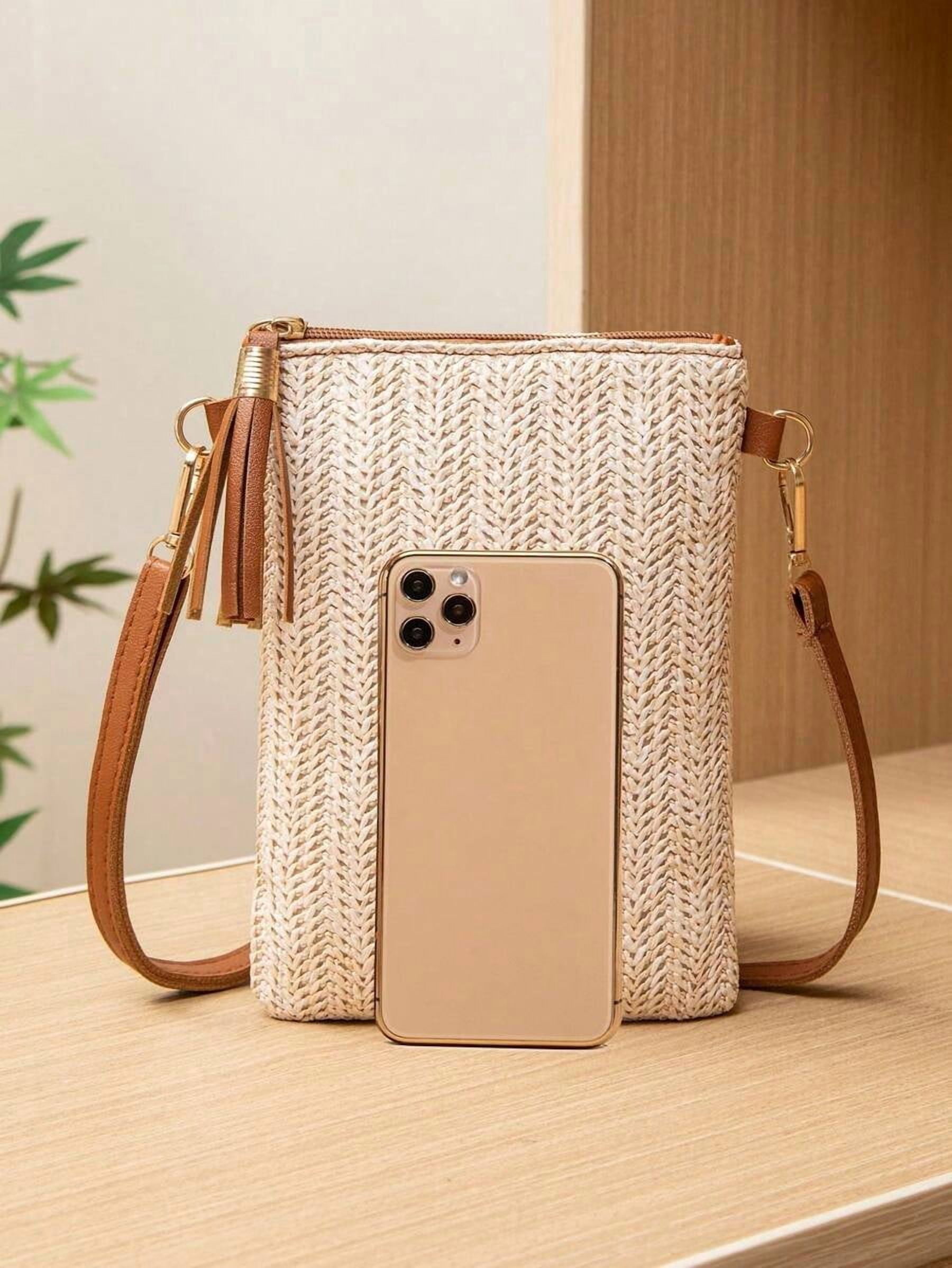 Mini Crossbody Bag For Women, Handwoven Cross-Body Bag, Solid Color Portable Handbag, French Casual Tassel Decor Bag, Large Capacity Multi-Function Zipper Shoulder Strap Bag, Travel Shopping Bag