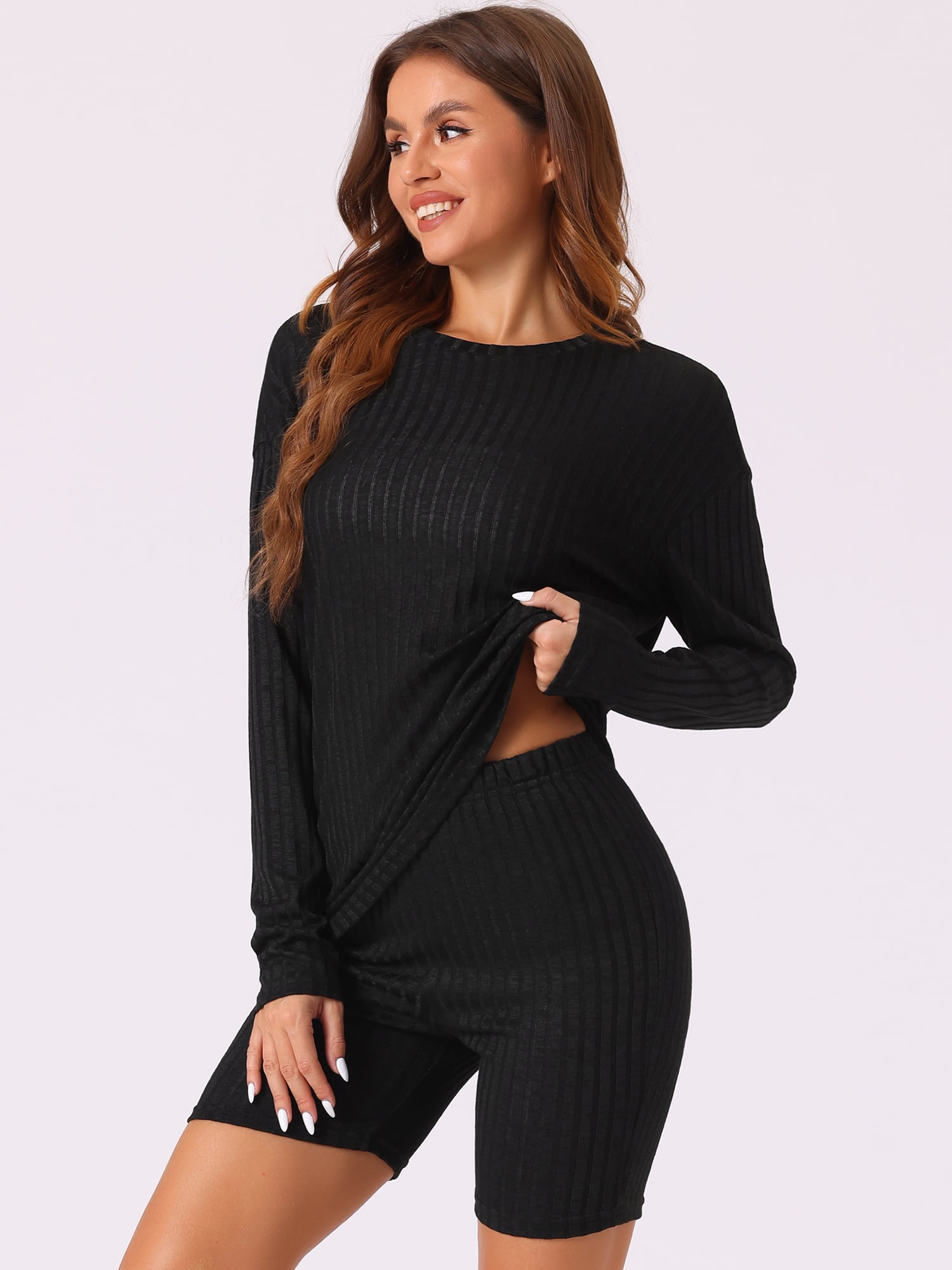 DARING DIVA Women's 2 Pcs Biker Shorts Lounge Sets Ribbed Knit Outfits Black 2XL