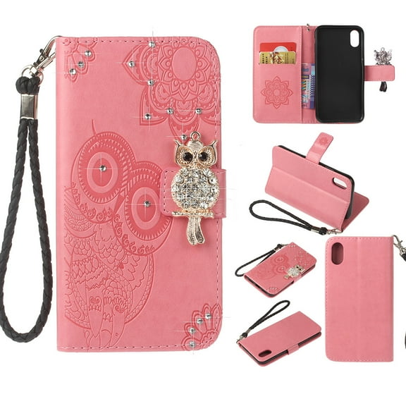 iPhone XR Case 6.1", Allytech PU Leather Protective Glitter Owl Magnetic Closure Kickstand Cards Holder Hand Wrist Folio Anti-Slip Wallet Girls Case Cover for Apple iPhone XR 2018, Pink