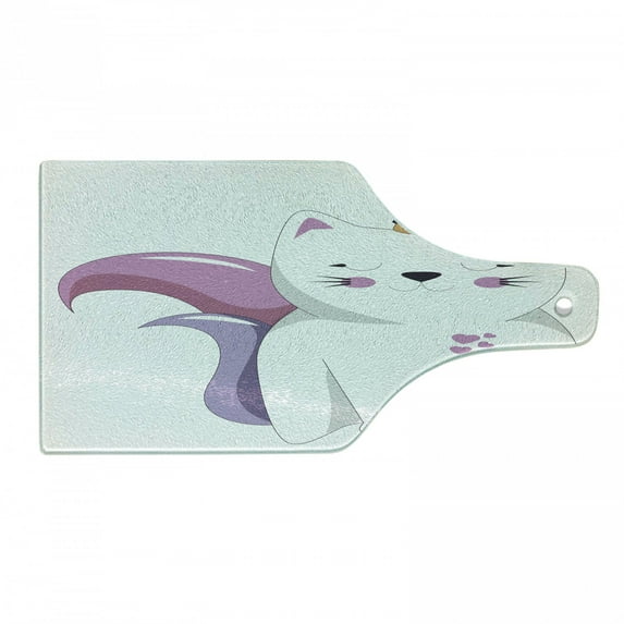 Unicorn Cat Cutting Board, Fictitious Horned Character Face Expression Girls, Decorative Tempered Glass Cutting and Serving Board, Wine Bottle Shape, Pale Pink Orange Lilac, by Ambesonne