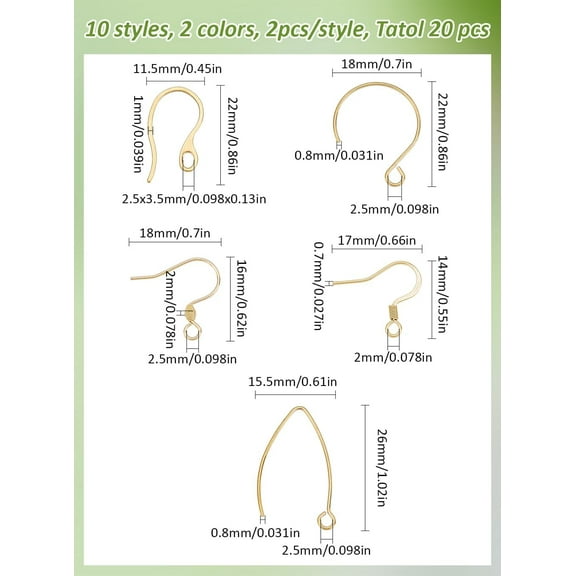 20Pcs 5Styles Earring Hooks Ear Wires 304 Stainless Steel Earring Hooks French Wire Hooks Ear Wire Findings with Loop Mixed Color for Earring Making and DIY Stud Earring Supplies