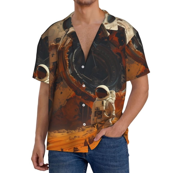 Xecao Astronaut Exploring Mars Men's Casual Short-sleeved Shirt, a button-up collared shirt with a pocket-Small