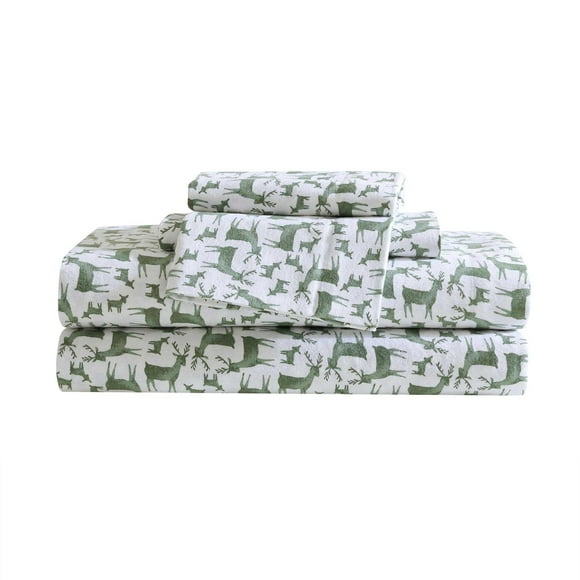 Eddie Bauer - King Sheets, Cotton Flannel Bedding Set, Brushed For Extra Softness, Cozy Home Decor, Oeko-Tex Certified (Deer Camp Green, King)