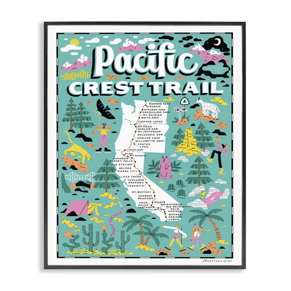 Stupell Industries Modern Pacific Crest Trail Aqua Blue and Pink Illustrated Scenic Map Poster Black Framed Giclee Art, 11 x 14, by Vestiges