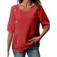 thumbnail image 2 of Women'S Round Neck Short Sleeve Cotton and Linen Button Fashion Casual Top Loose Formal Work T-Shirt Red XXL, 2 of 7