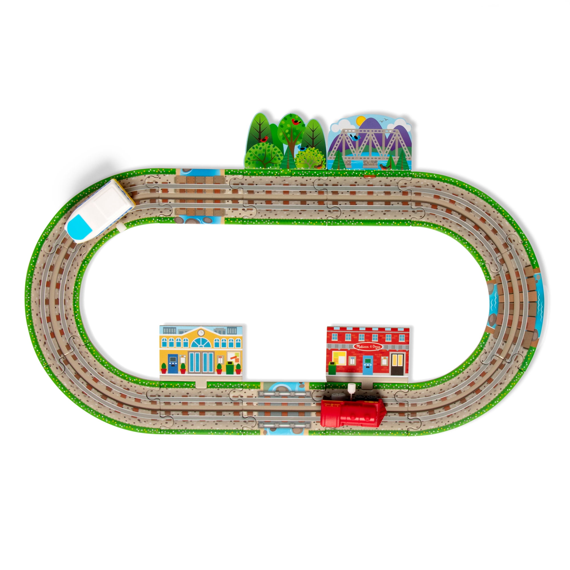 Melissa & Doug Crée ton propre chemin de fer, Puzzle de sol de 48 pièces avec 2 trains à remonter et des décors interchangeables, pour filles et garçons d'âge préscolaire à partir de 4 ans