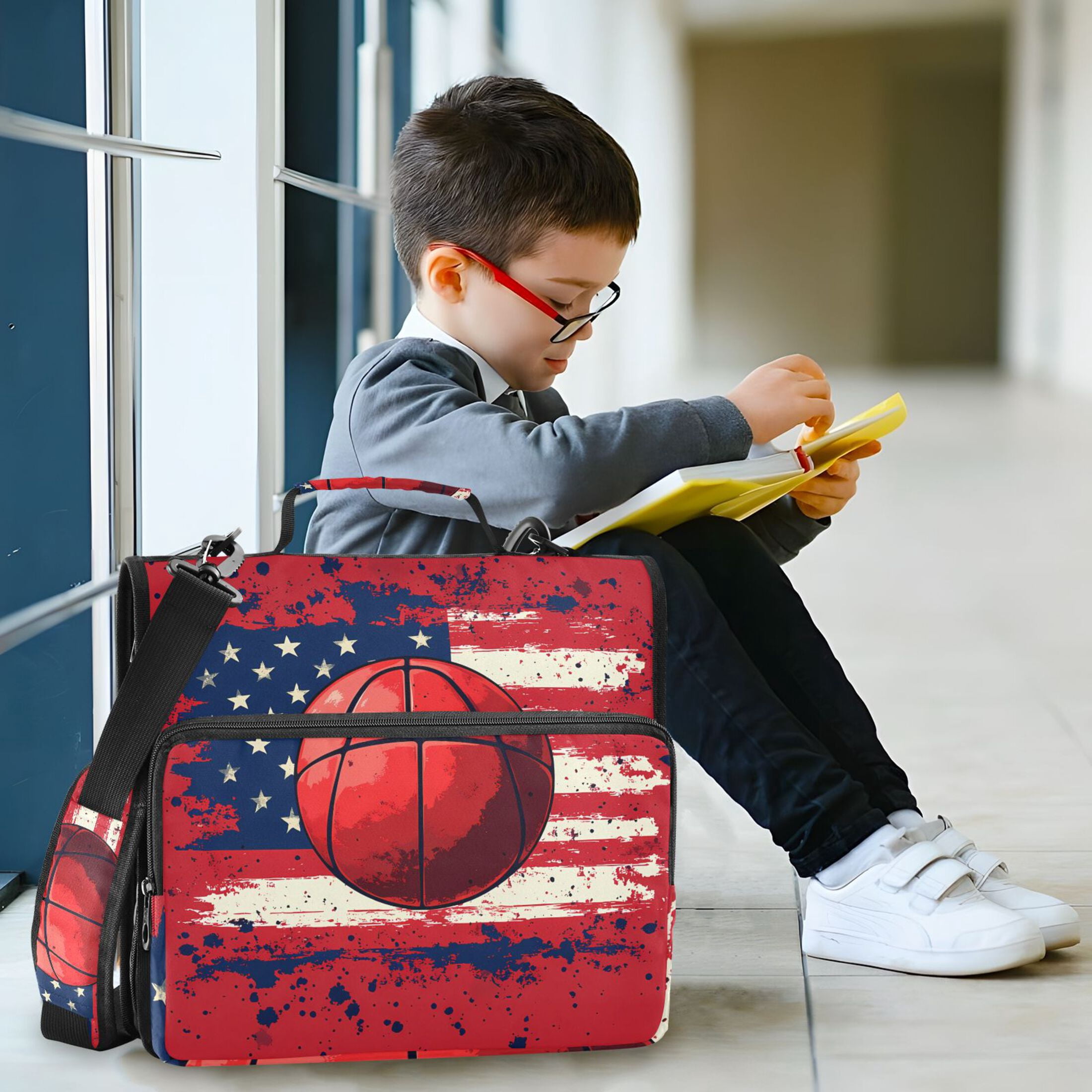 3 Ring Zipper Binder with Shoulder Strap Waterproof Trapper Keeper 2 Inch D-Ring 500 Sheets Capacity Basketball and American Flag