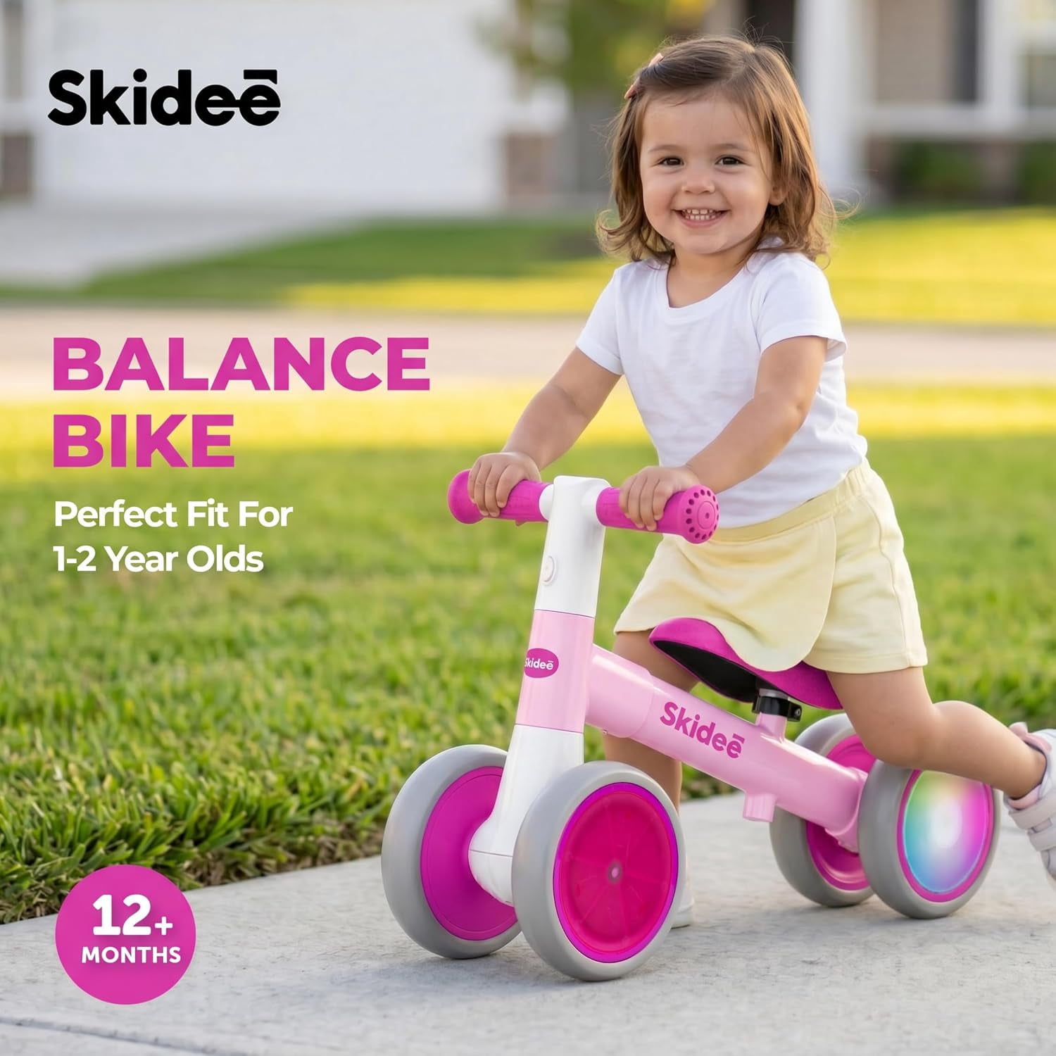Skidee Toddler Balance Bike 1-3, 4-Wheel Balance Bike with Rare Light-Motion-Activated LED Wheels, Adjustable Height & Child Safe Steering, Lightweight Ride-On Toy Training Bike for Boys & Girls