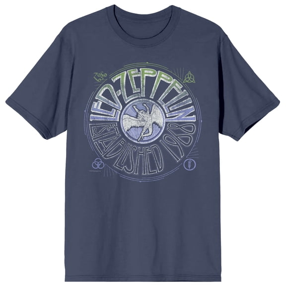 Led Zeppelin Record Logo Adult Navy Crew Neck Short Sleeve T-shirt - Medium