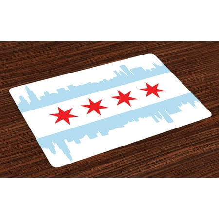 Rise Against Flag - Chicago Skyline Placemats Set of 4 City of Chicago Flag with High Rise Buildings Scenery National, Washable Fabric Place Mats for Dining Room Kitchen Table Decor,Red White Baby Blue, by Ambesonne