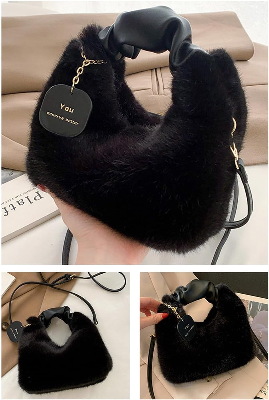 Women Fluffy Tote Bag Plush Shoulder Underarm Bag Faux Fur Crossbody Handbag with Strap Y2K Furry Purse Winter