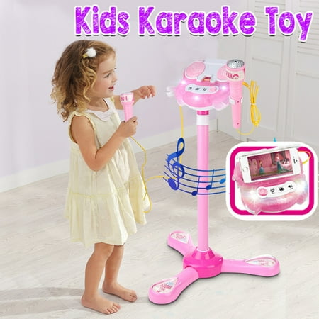 Kid Karaoke System Machine Toy Set Music MP3 Player With 2 Microphones Built in Speaker Adjustable Stand FOR Cellphone Table MP3 MP4 Gift with Flashing Stage Lights and