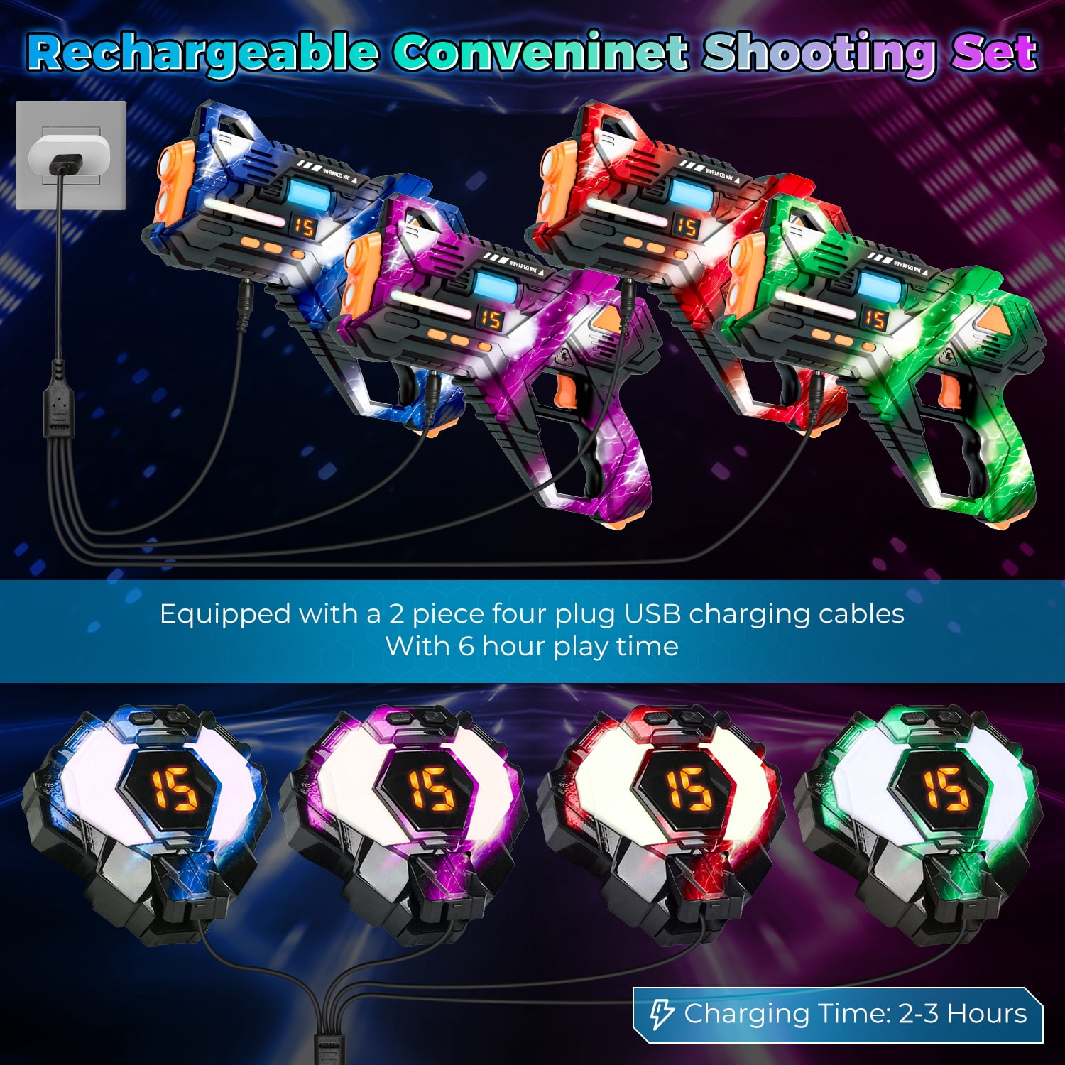 Huge Wave Shooting Tag Set of 4 with Vests & Back Receiver, Rechargeable Indoor & Outdoor Family Games Teens Group Activity, Birthday Gift for Kids Ages 6-12