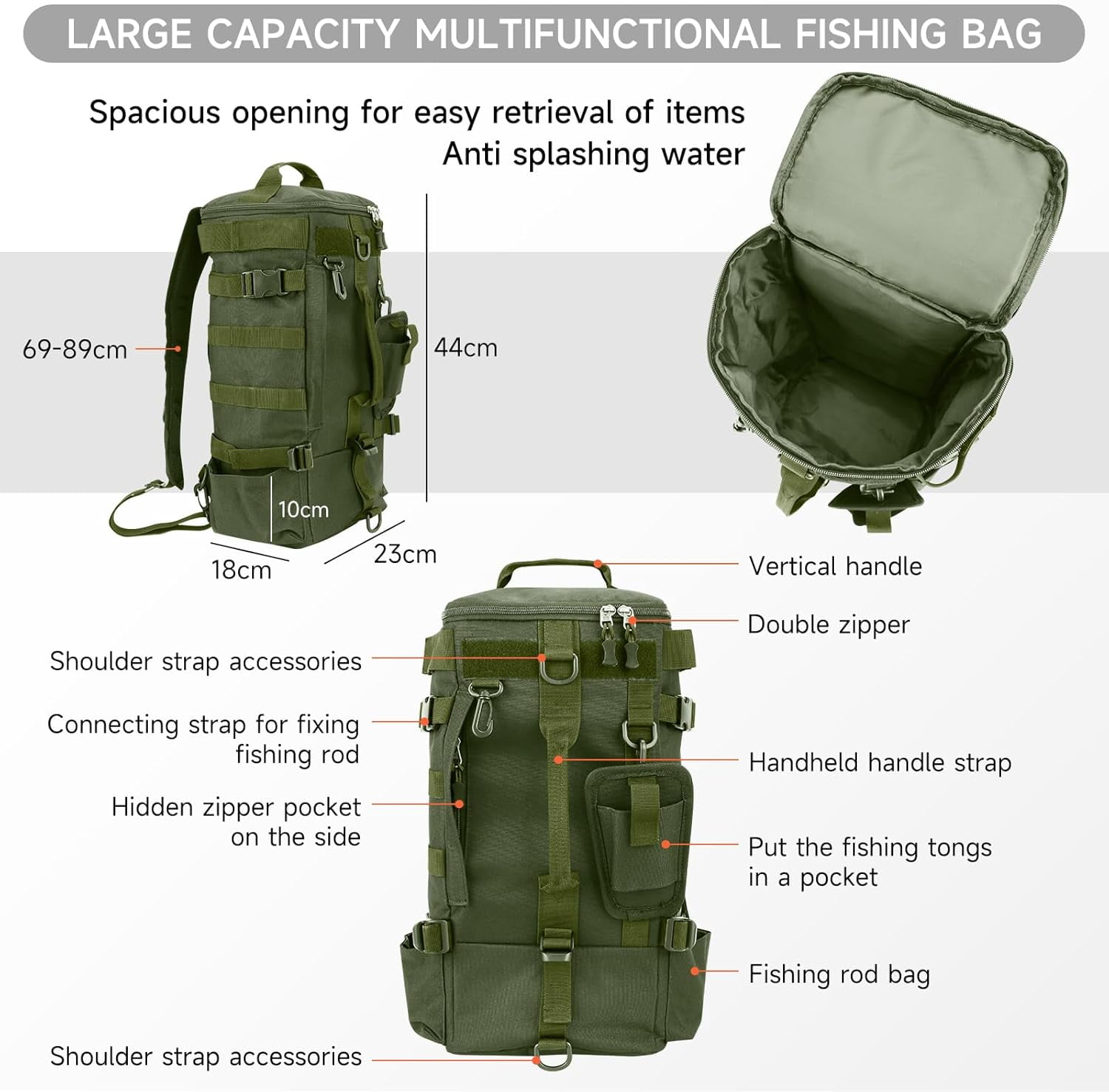 Fishing Backpack with Rod Holder, Water-Resistant Fishing Tackle Backpack, Hiking backpack, Bag Sling Tackle Storage Backpack, Lightweight Fishing Gear Bag for Hiking, Camping, Kayak, Outdoor Trip